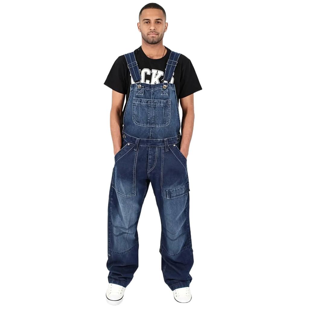 Calças de Trabalho Jeans Street Masculinas Soltas Multibolsos Casual Workwear Macacão com Suspensórios