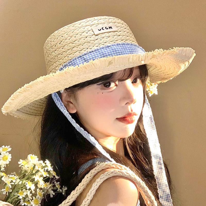 Women'S Wide-Brimmed Straw Hat Beach Sun Hat New Fashionable Sun Protection Floral Lace Bow Breathable Summer Hat
