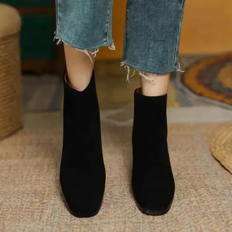 Women's Shoes 2025 Hot Sale Zipper Women's Boots Spring Autumn Square Toe Suede Solid Short Barrel Chunky Heels Fashion Boots