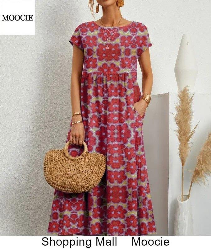 

Women s New Summer Short Sleeve Loose Cotton And Linen Fashion Crew-neck Print Dress S
