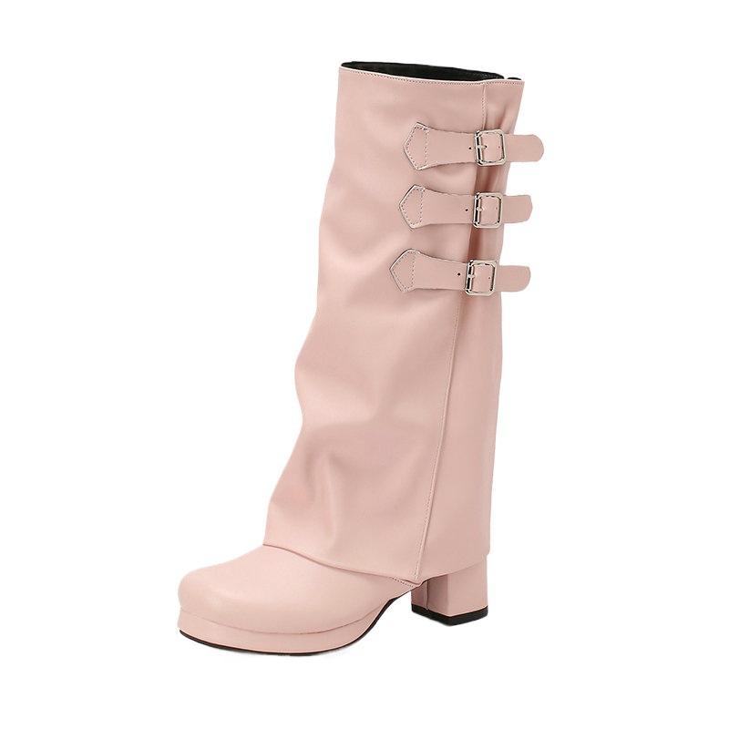 Women's high boots autumn and winter round head thick sole thick heel high heel belt buckle but knee boots side zipper high boots