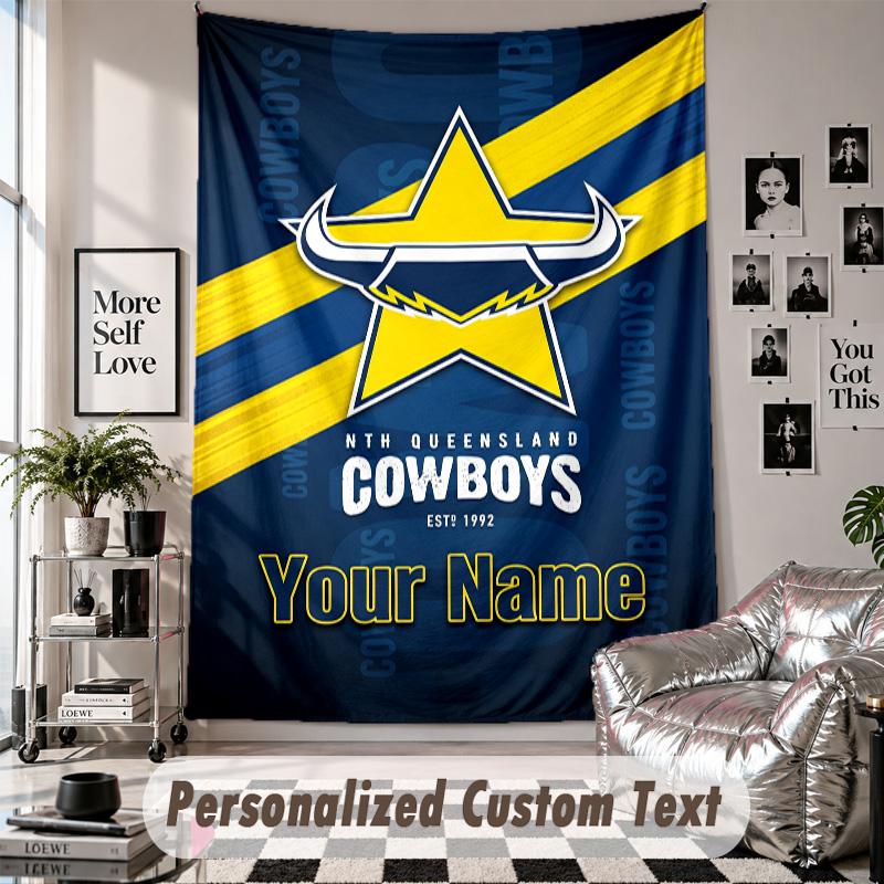Wall Hanging Tapestry With Custom Name & Text, North Queensland Cowboys Decorative Tapestry For Bedroom