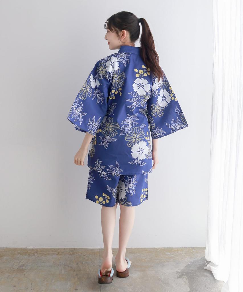 [KYOETSU] [Kyoetsu] Jinbei (Japanese Summer Wear) - Single Item, Cotton, Top and Bottom Set, Women's (Ultramarine Carnation, Free Size)
