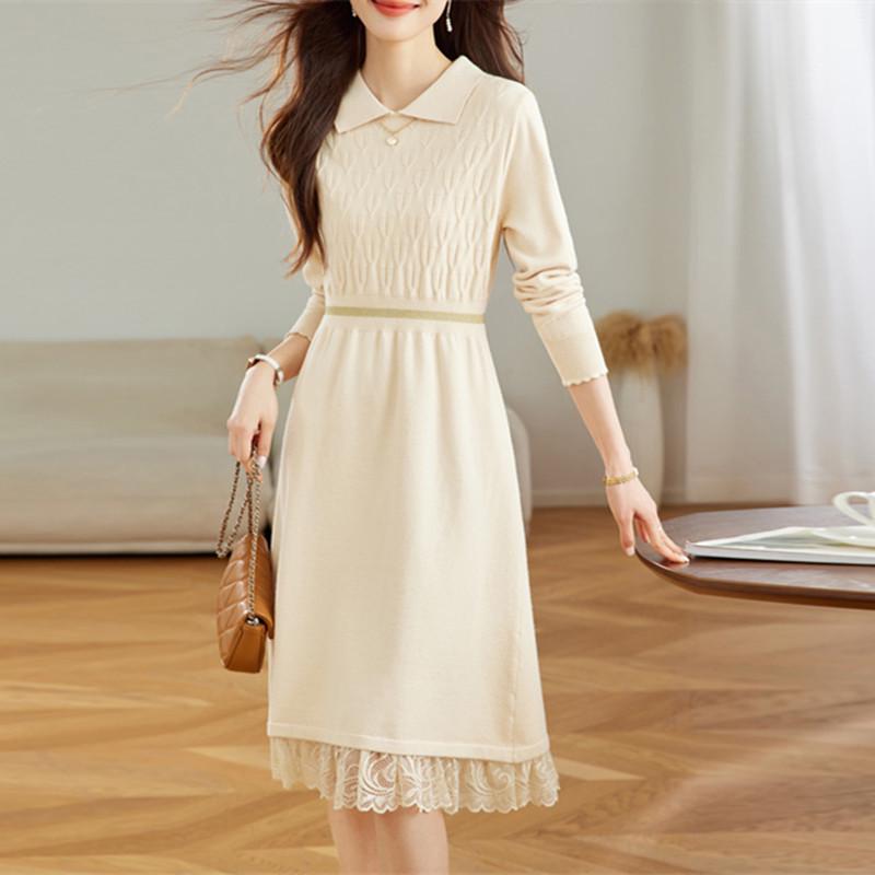 2025 Autumn-Winter Lace Base Layer Knit Dress with Waist-Cinched Skirt & Lapel for Women