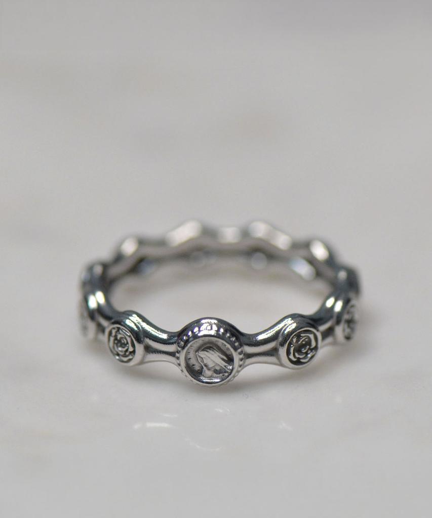 Vivus Virgin Mary Rose White Gold Silver Rosary Ring
