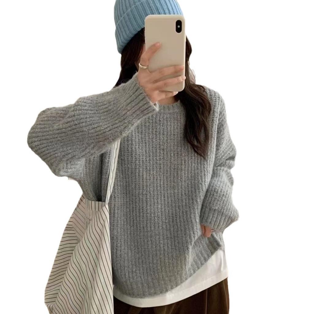 Thickened handmade stick needle alpaca wool lazy loose beige round neck pullover sweater women's autumn and winter new sweater