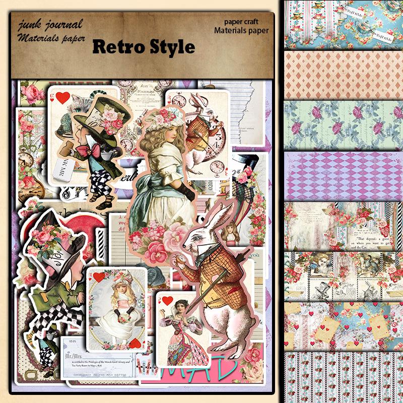 Retro Alice Tea Party Paper Set: 8 Sheets & 30 Stickers with European and American Character Rhombus Patterns