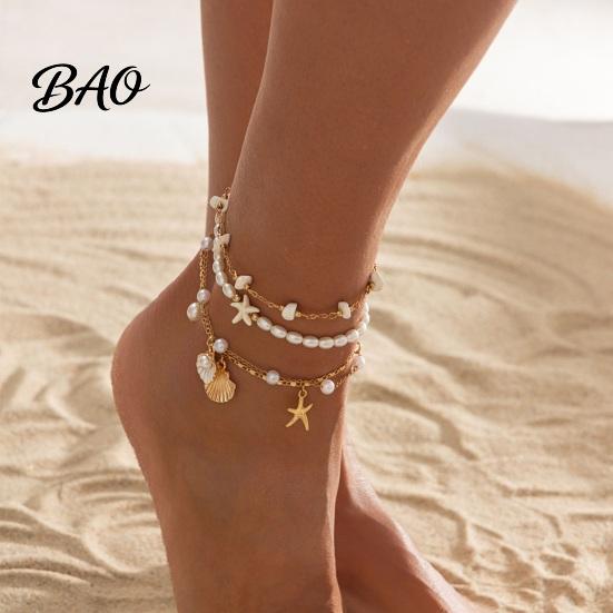 Imitation Pearl Anklet Beach for Women, Starfish Shell Fish Tail Pendant Boho Water-friendly Bracelet, Layered Faux Foot Chain Summer Vacation