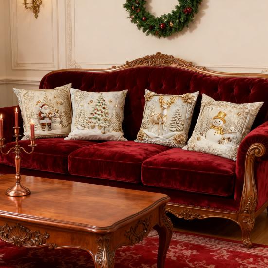 4Pcs Christmas Throw Pillow Cover White Santa Claus Snowman Xmas Tree Reindeer Cushion Cover Xmas Decorative Pillow Cover for Home Sofa Bed Couch