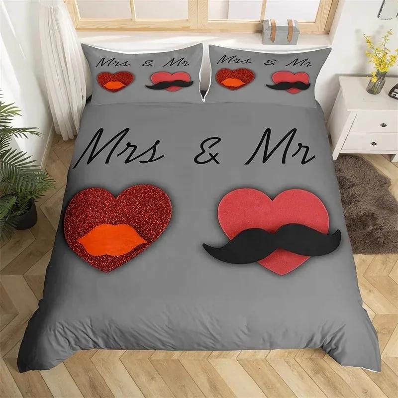 Mr Mrs Bedding Set Microfiber Romantic Wedding Theme Duvet Cover Set King For Valentine Day Funny Quotes Love Heart Quilt Cover