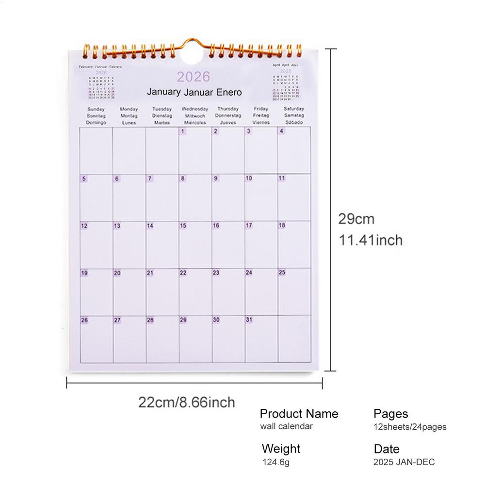 

Multilingual 2026/2026 Wall Calendar English German Spanish 2026 Coil Calendar Notebook Coil Planner Agenda Organizer