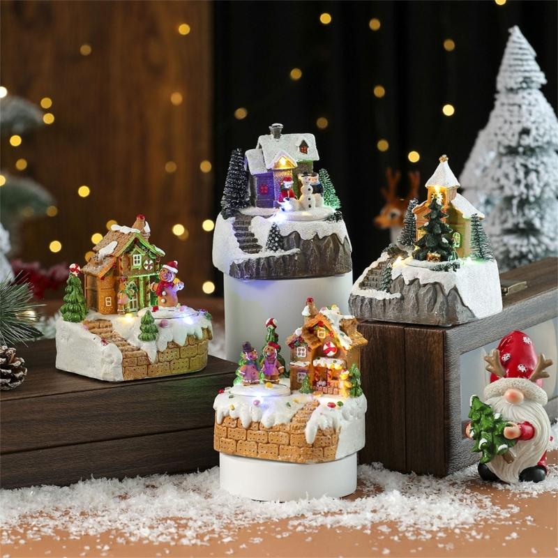 LED Illuminated Christmas Rotating Music Box Snow House Scene Ornament Battery Operated Desktop Decoration for Home