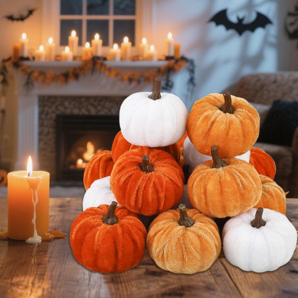 Fall Faux Velvet Pumpkins 16Pcs/set Halloween Foam Pumpkins Ornament For Autumn Fall Thanksgiving Harvest Festival Decoration