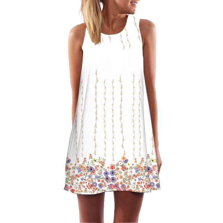 European and American New Retro Digital Printing Crew Neck Hot-selling Off-the-shoulder Medium and Long Vest Dress