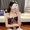 #Summer New Pure Desire Sexy Flower Print Beaded Neck Vest Slim One-piece Top with Chest Pad