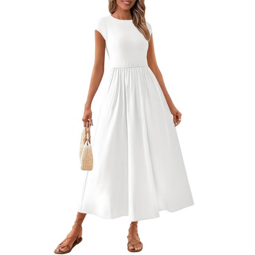 

YYFS женские модные летние весенние однотонные повседневные платья с коротким рукавом и круглым вырезом с высокой талией и принтом XXL белый