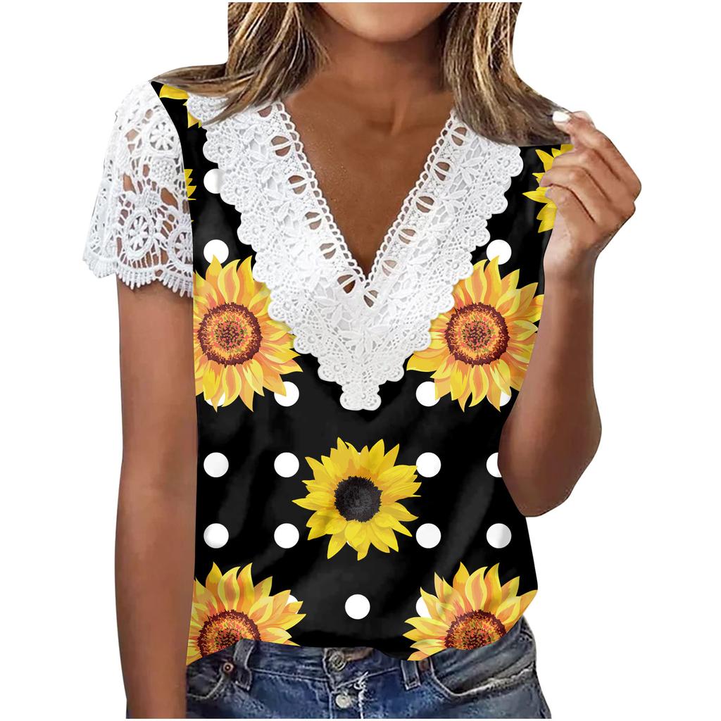 V Neck Lace Short Sleeve Print Ladies Top Summer Fashion Casual V Neck Print Short Sleeve Lace Sleeve T-Shirt Top