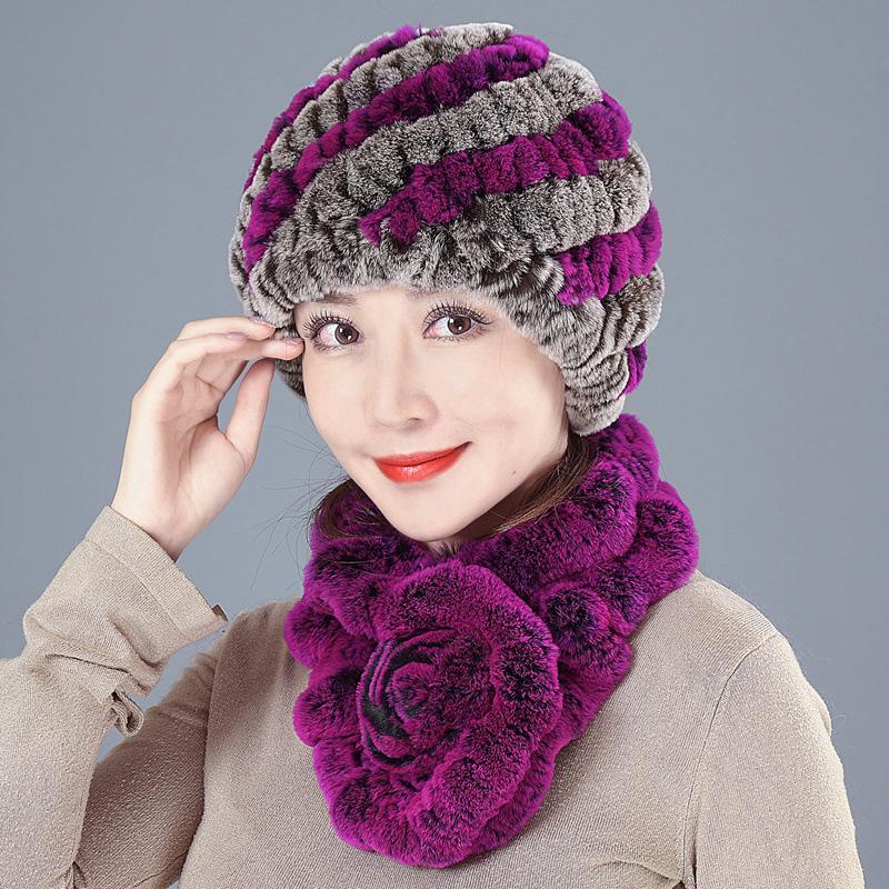 Middle-aged Rex rabbit hair hat female autumn and winter warm elderly grandmother ear protection fur mother wool scarf