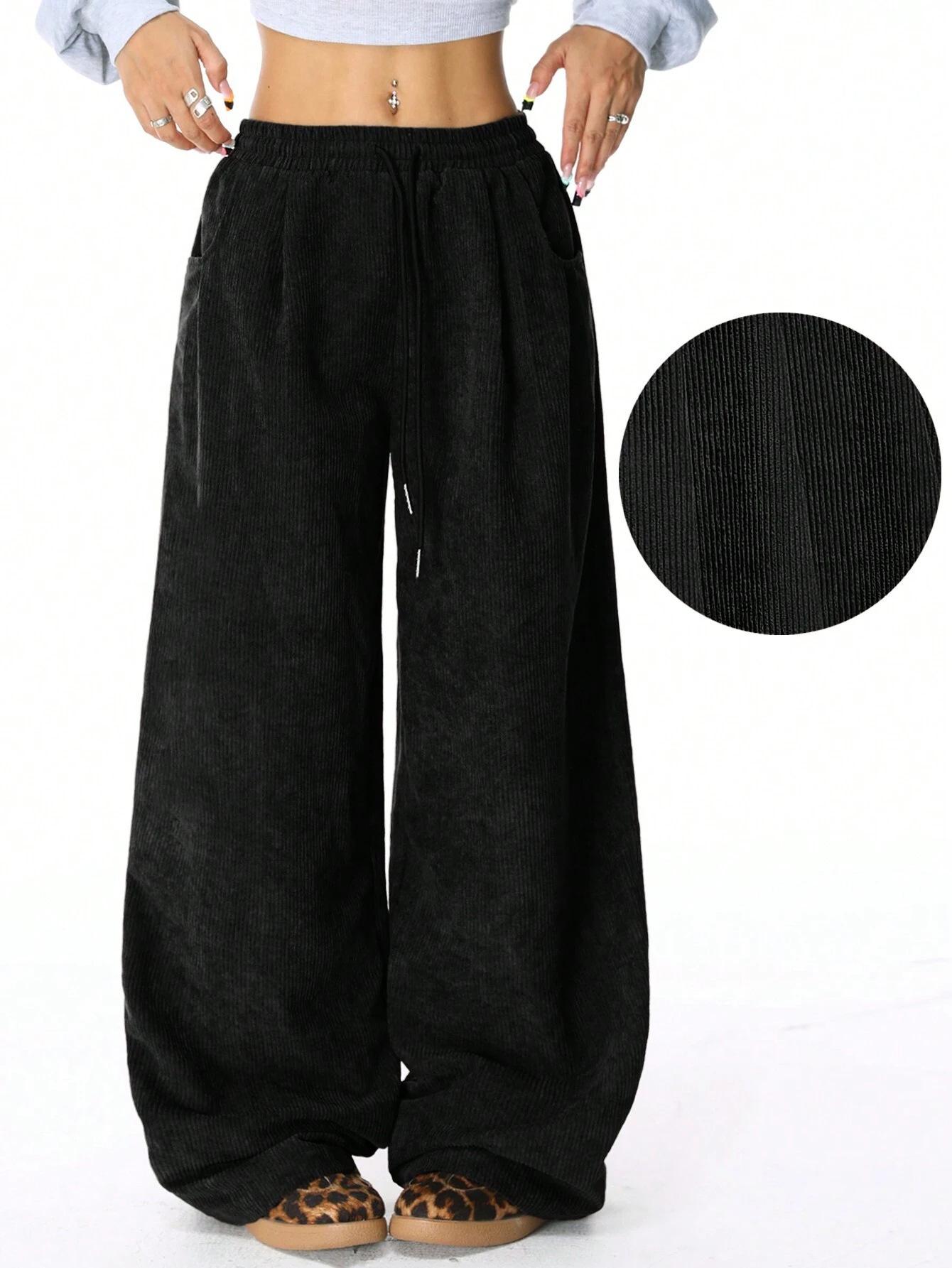 2026 Autumn/Winter Women s High-Waisted Drapey Drawstring Wide-Leg Pants S чёрный