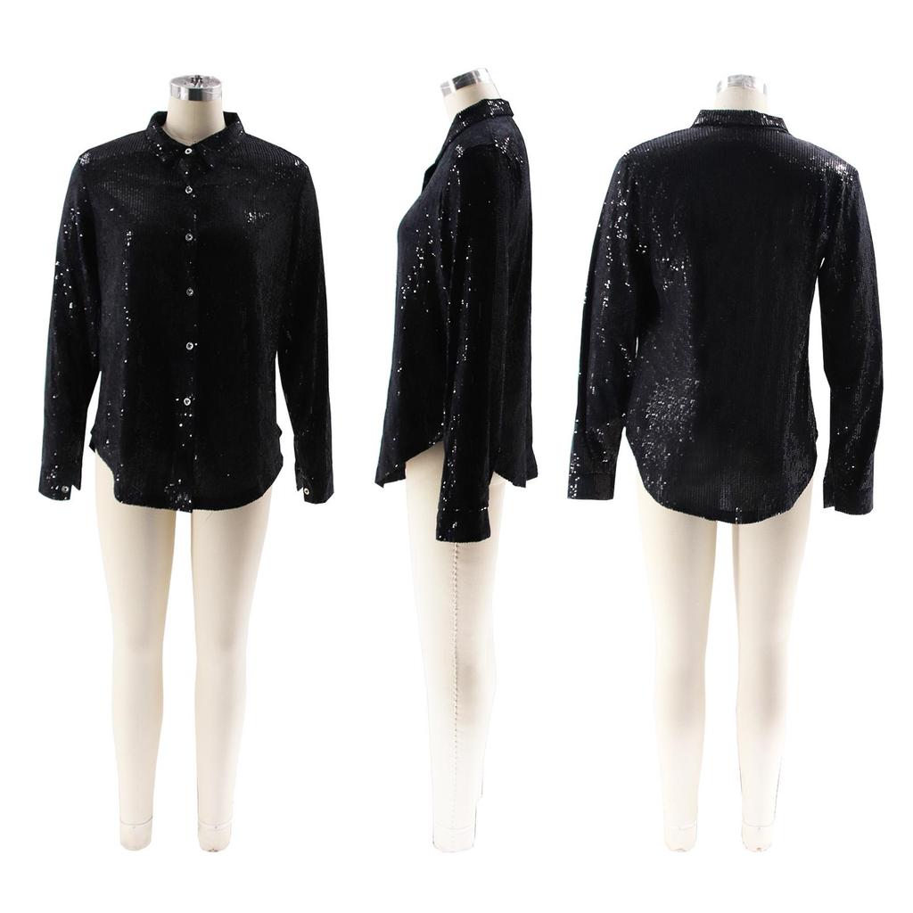 Autumn/Winter Versatile Suede Lapel Shirt with Sequins and Beads
