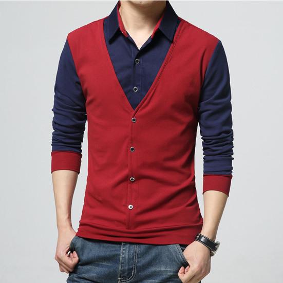 Maglia a maniche lunghe Patchwork Colorata da uomo Finto due pezzi Slim con colletto rovesciato Pullover per l'uso quotidiano