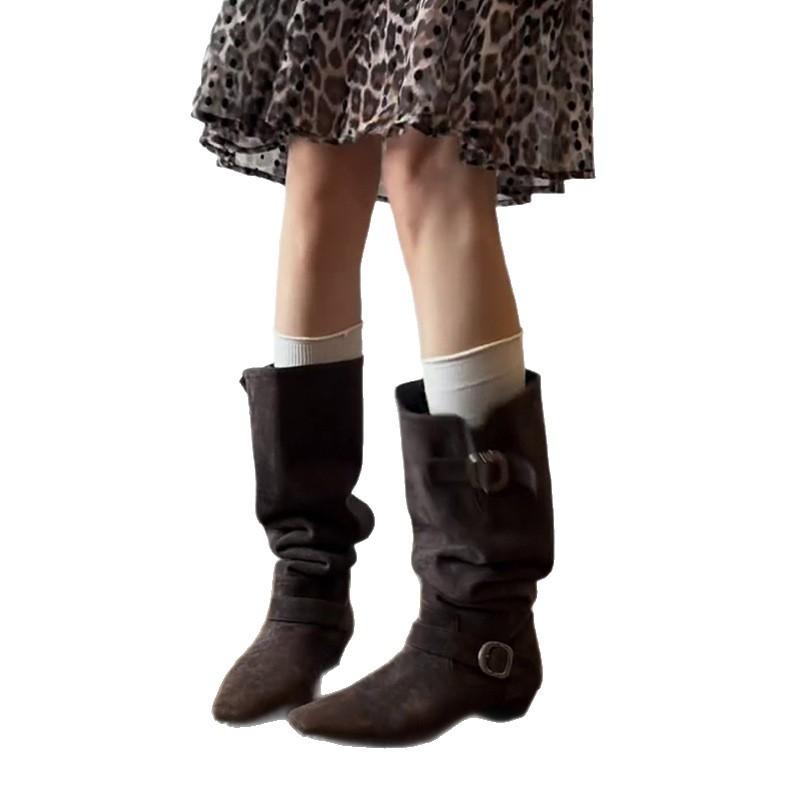 Cowhide version~ retro casual big circumference tube belt buckle stacking boots women's fashion versatile and thin knight boots
