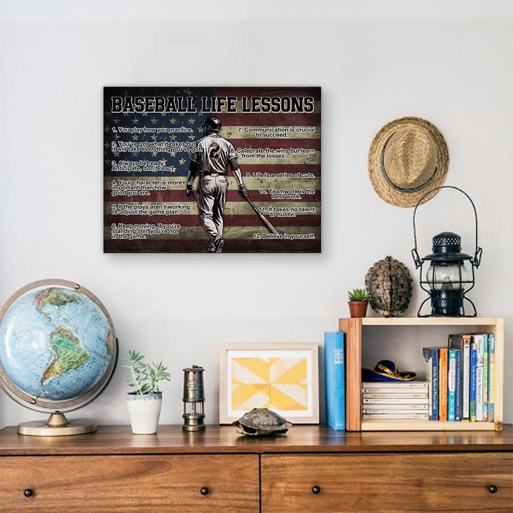 Hijie Baseball Poster Canvas Wall Art for Living Room Bedroom Home Decor, Baseball Life Lessons Motivational Canvas Print Painting 12x15 Inch