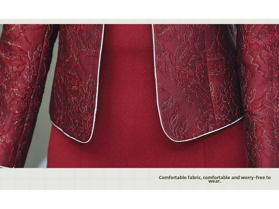 2023 Set rochie roșie din două piese pentru femei de vârstă mijlocie și în vârstă: Fusta la modă până la genunchi pentru nunți și banchete