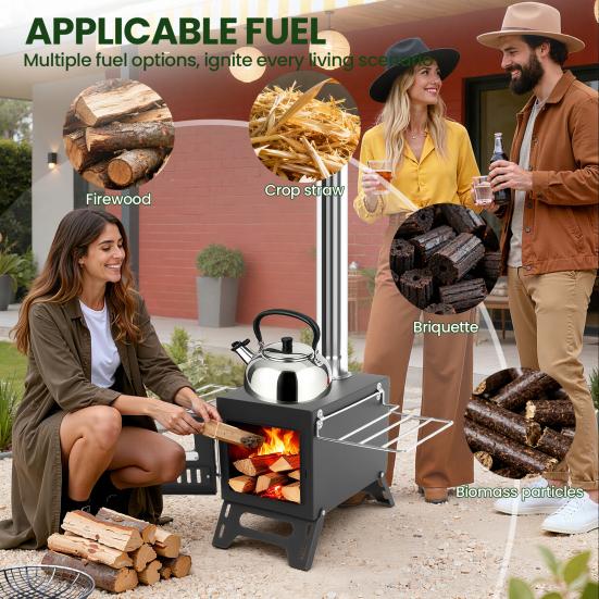 Wood Burning Stove with 5 Pipes Accessories, Large Firebox Heating Cooking Hot Tent Stove, Portable Stainless Steel Stove for Outdoor, Camping,