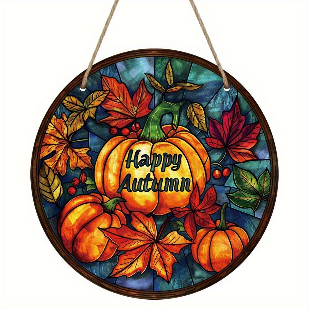 2d Flat 20*20cm, Autumn Decoration, Hello Autumn, Autumn Harvest Maple Leaves Pumpkin Wooden Circular Logo, for Home, Cafe, Bedroom, Office Wall Decor