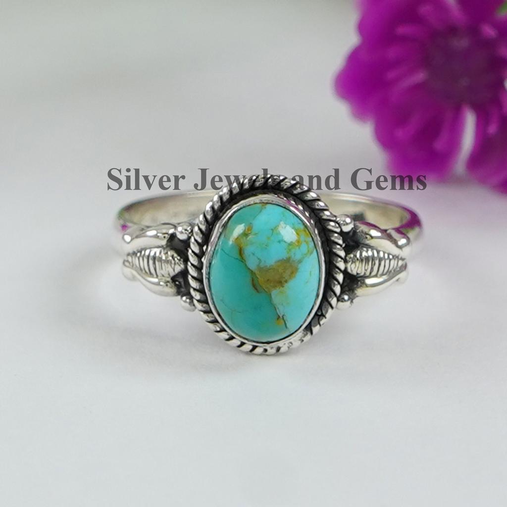 Oval Kingman Turquoise Ring: Dainty 925 Sterling Silver Bee Ring