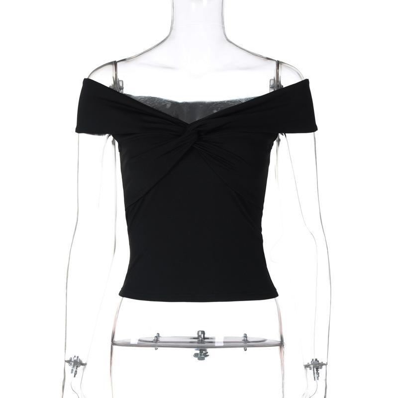 European and American women's clothing new American Spice Girl style chest kink design sexy one-word collar off-the-shoulder super short top