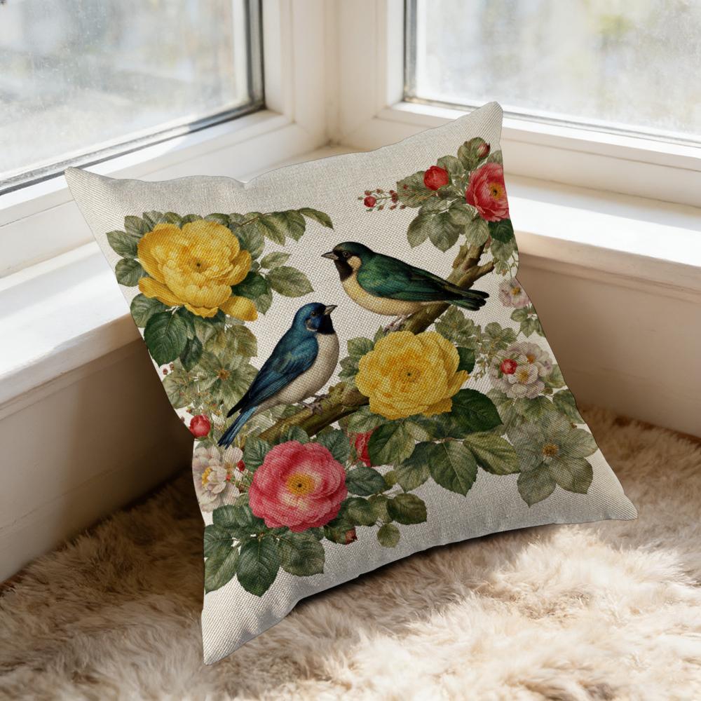 Square Decorative Pillow Case With Birds And Flowers Pattern In Cream Color For Living Room Bedroom Or Window Seat Decoration