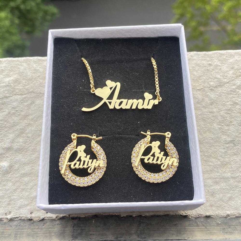 QIUHAN OEM Ice Out Blink 22mm Hoop Earrings Necklace Custom Name Jewelry Set Jewelry Set золотой