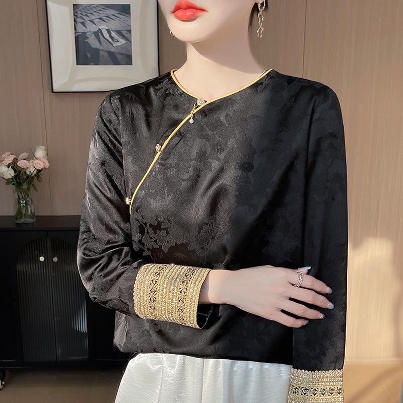 Spring Silk Jacquard Long Sleeve Top with Frog Button X-Large чёрный