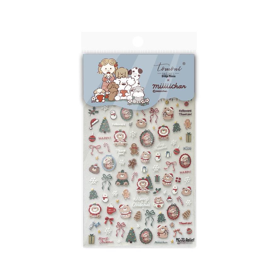 Tomoni Embossed Winter Cute Dog Family Nail Stickers - Children's Creative Christmas Journal Collage.