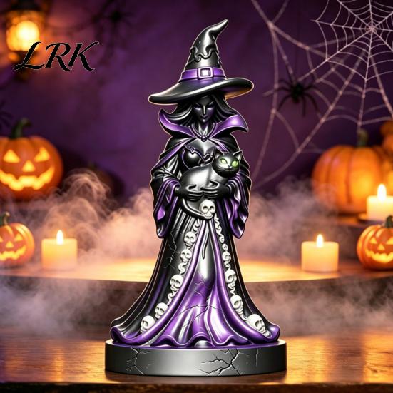 Industrial Decor Statue Lighted Witch Figurine, Holding Black Cat Statue, Gothic Skull Pattern Table Centerpiece Sculpture with LED Lights for