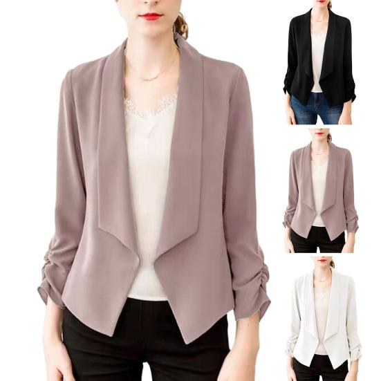 Women Cardigan Blazer Solid Color Long Sleeve Open Stitch Lapel Formal Business OL Commute Style Soft Breathable Thin Lady Coat