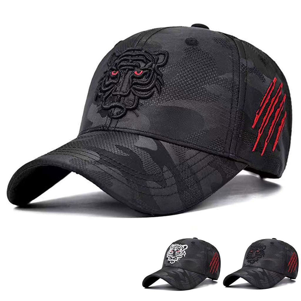 Men Tiger Head Embroidered Camouflage Snapback Baseball Cap Outdoor Adjustable Sunscreen Leisure Hat Spring Autumn Travel Tourism Beach Vacation