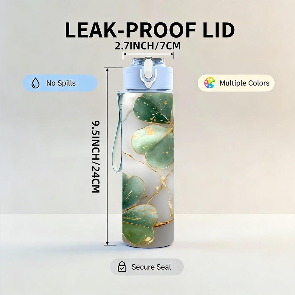 1PC Clover Leaf Gold Marble Pattern 750ml Color Plastic Sports Water Bottle Leakproof Flip Straw Lid Suitable for Sports Office Home Use
