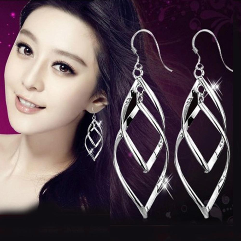 Trendy Silver Plated Copper Leaf Earrings with Long Fringe Double Twist Design Dangle Earrings