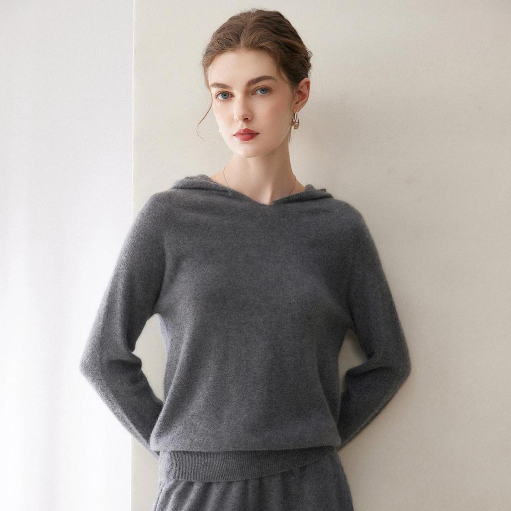 Autumn Winter Pure Cashmere Women's Hooded Loose Knit Sweater Pullover