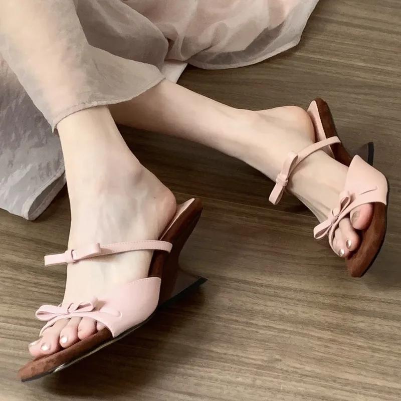 Fashion Butterfly-Knot Women Sandals Elastic Band Square Toe Wedges Mid Heel Female Shoes Sweet Designer Summer New Brand Concise Casual