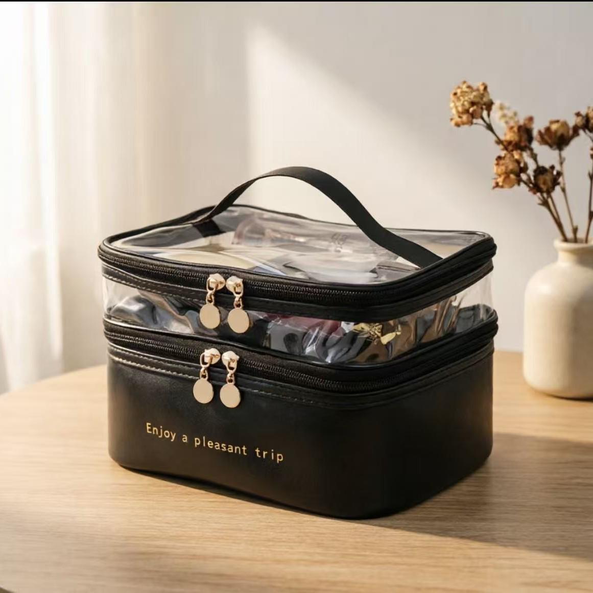 

Large Capacity Waterproof PU Makeup & Toiletry Bag – Double Layer, Transparent, Portable, Fashionable Travel Case for Women чорний