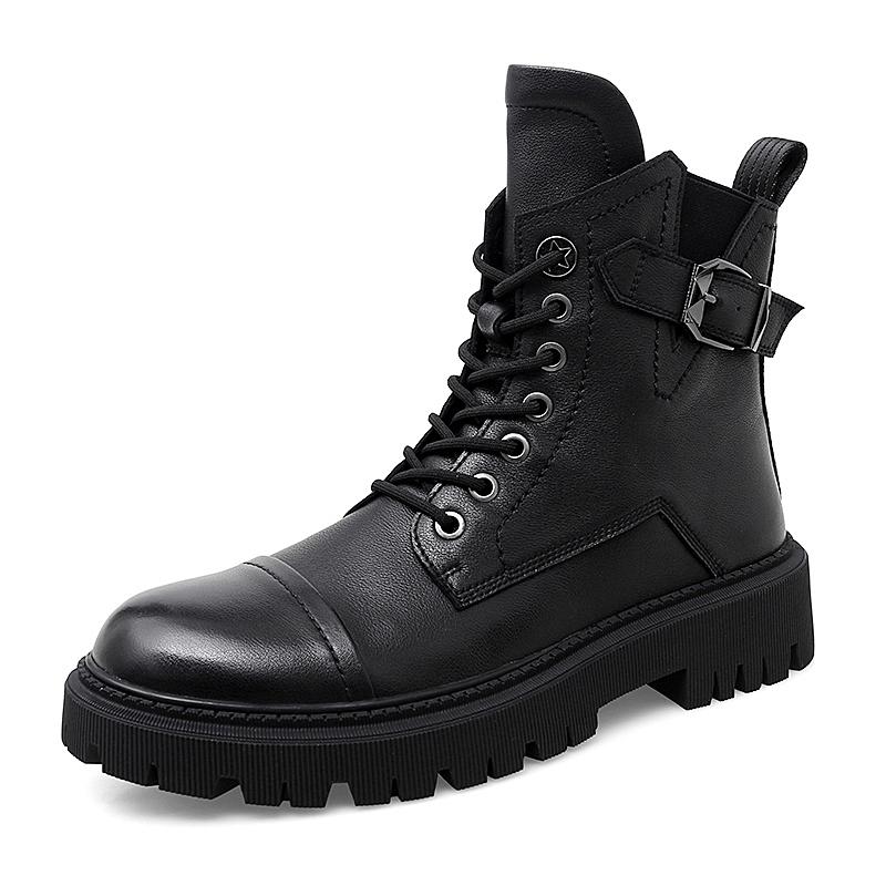 

Модные кожаные ботинки с высоким верхом и круглым носком Модные и универсальные Уличные повседневные мотоциклетные ботинки для ходьбы для мужчин Обувь на толстой подошве 42 чёрный