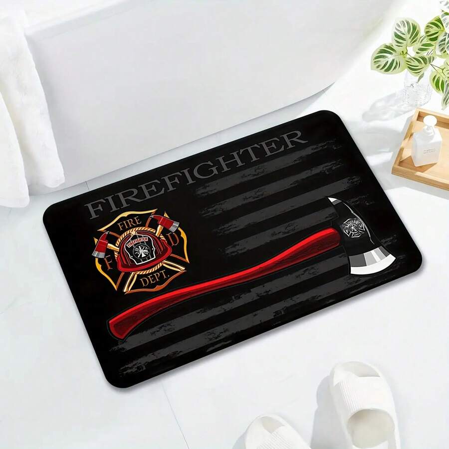 Firefighter Doormat with Axe, Fire Department Maltese Cross Flag Print Non-Slip Rug for Entryway Home Decor