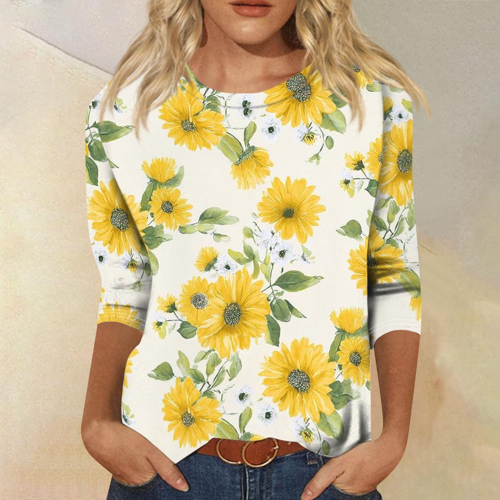Top T-shirt casual alla moda da donna con scollo rotondo, manica a tre quarti e stampa