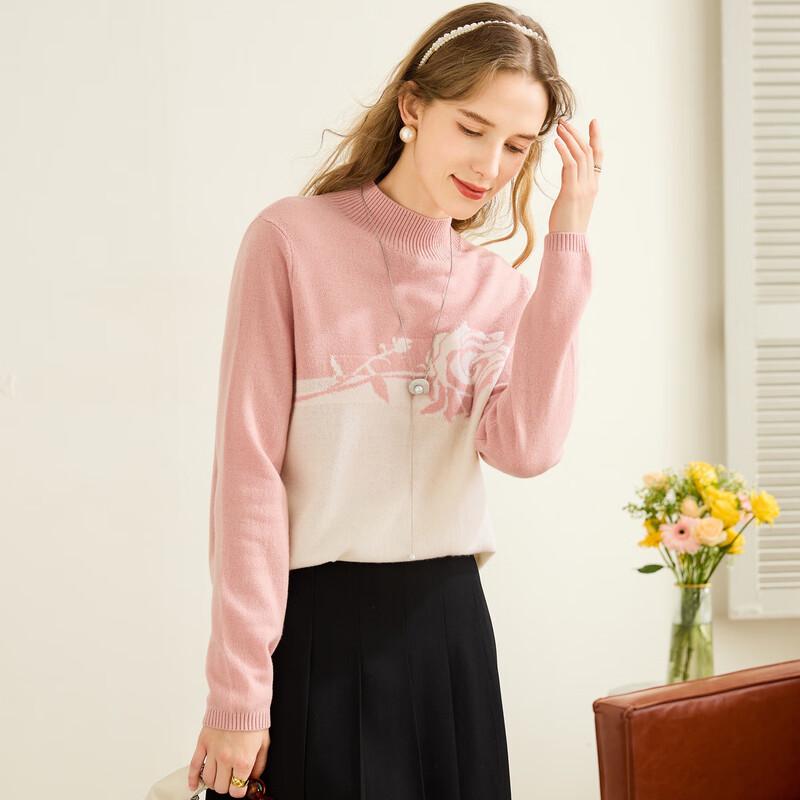 TUHUANG Women's Pure Wool Colorblock Jacquard Semi-High Neck Sweater