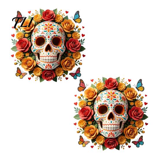 Reusable Floral Skull Stickers Day of The Dead Flower Static Sticker, Colorful Mexican Glass Sugar Halloween Decal, Waterproof PVC Removable Cling for