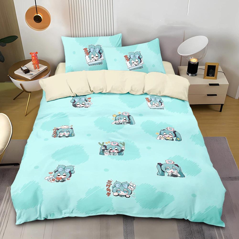 Miku Duvet Cover Set with Pillowcases 50x75cm Multiple Sizes Japanese Manga Hatsune Miku Bedding Set for Adult Kids Adult